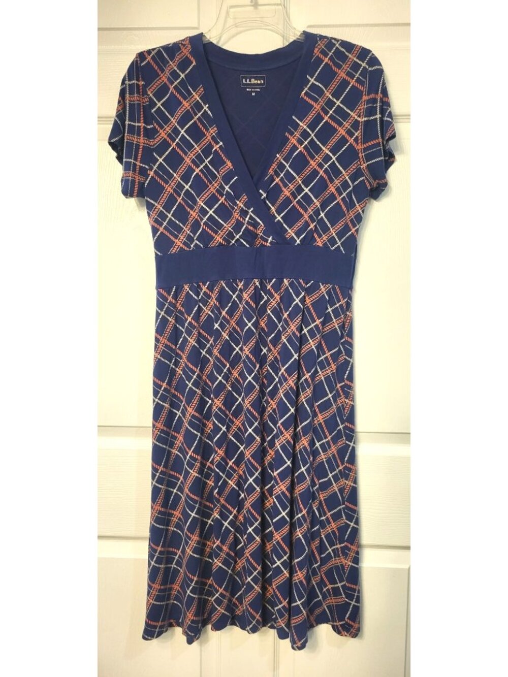 Womens LL Bean Blue Geometric Print V-neck Midi Dress M Casual Pullover